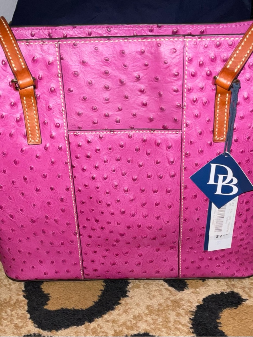 Dooney & Bourke Hot Pink Ostrich-Embossed Tote with Tan Handles
